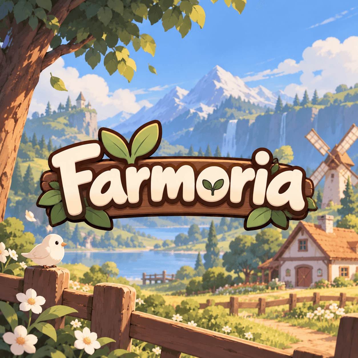 Farmoria cozy valley key visual with farmhouse, vegetable garden beds, and glowing lanterns